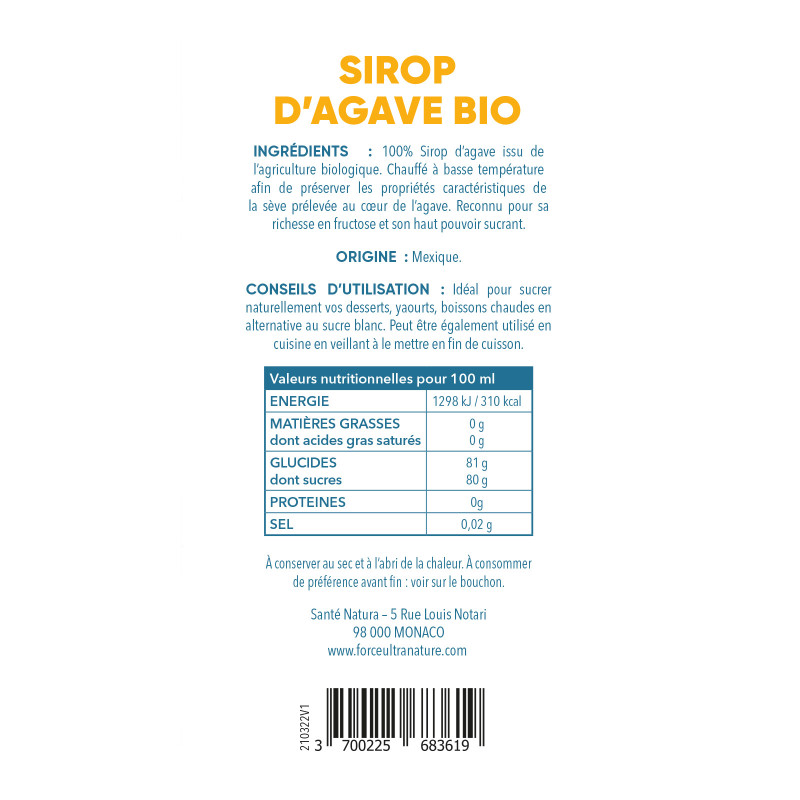 Sirop d'Agave Bio - Force Ultra Nature - Shopping Nature