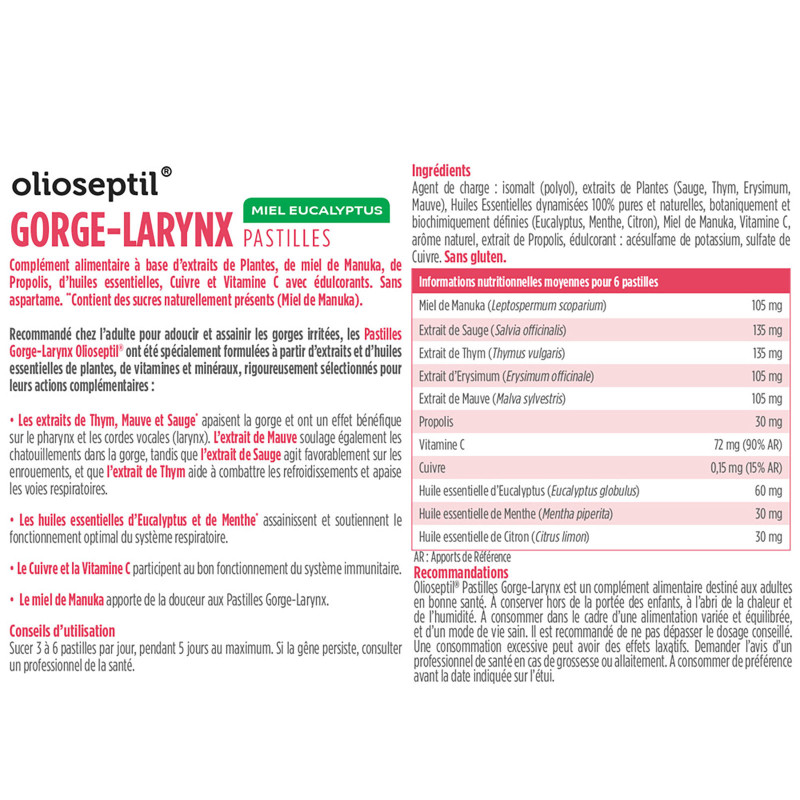 OLIOSEPTIL® Pastilles Gorge-Larynx - Apaise et assainit la gorge -  Olioseptil