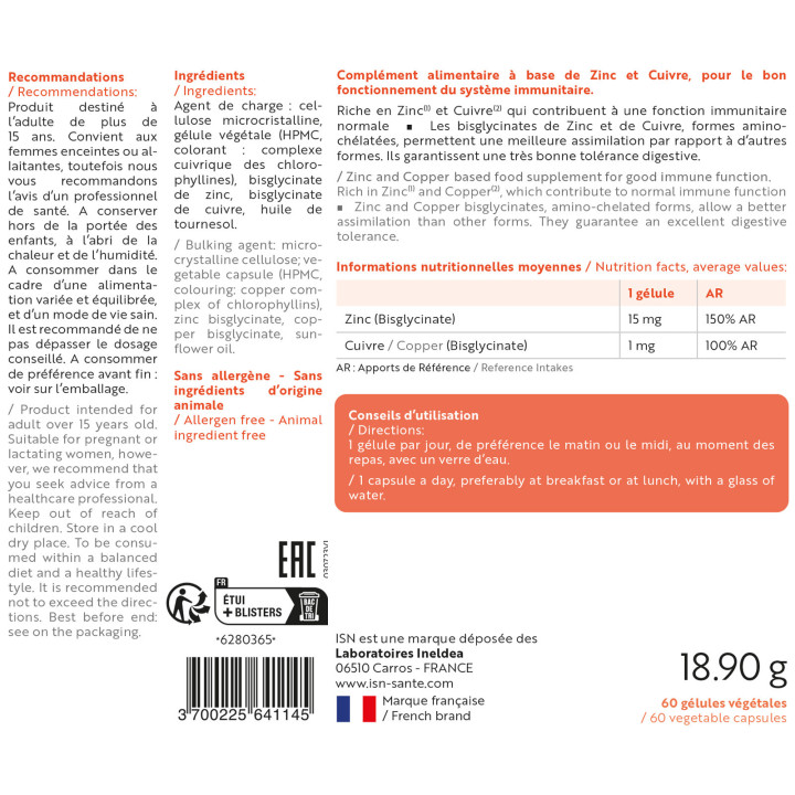SUPLEZINC - Supplémentation en cuivre et en zinc - 60 gélules