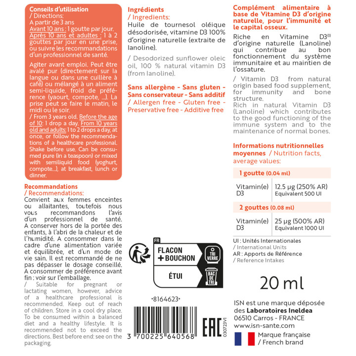 Vital-D3 ISN- Maintient le capital osseux - 20ml -  Ineldea Santé Naturelle