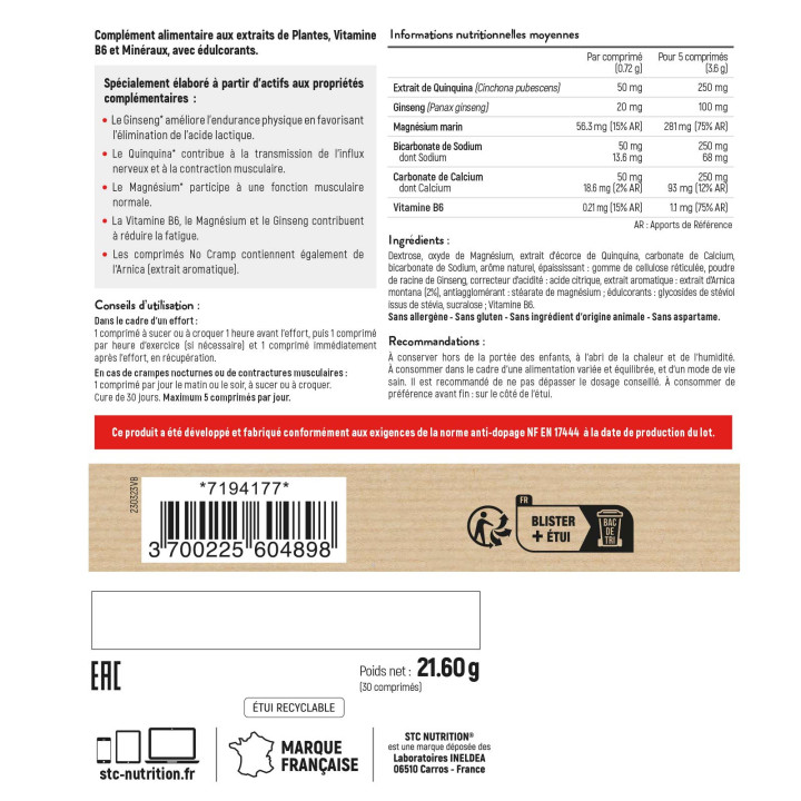 No Cramp STC Nutrition - Anti-crampes - 30 comprimés goût orange