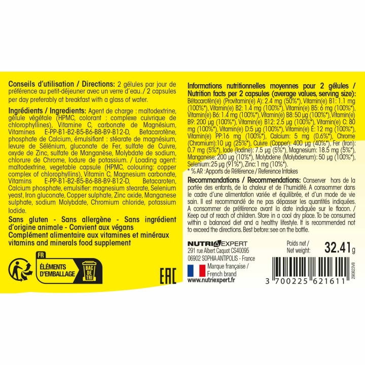 22 Vitamines & Minéraux - Aide à réduire la fatigue - 60 gélules
