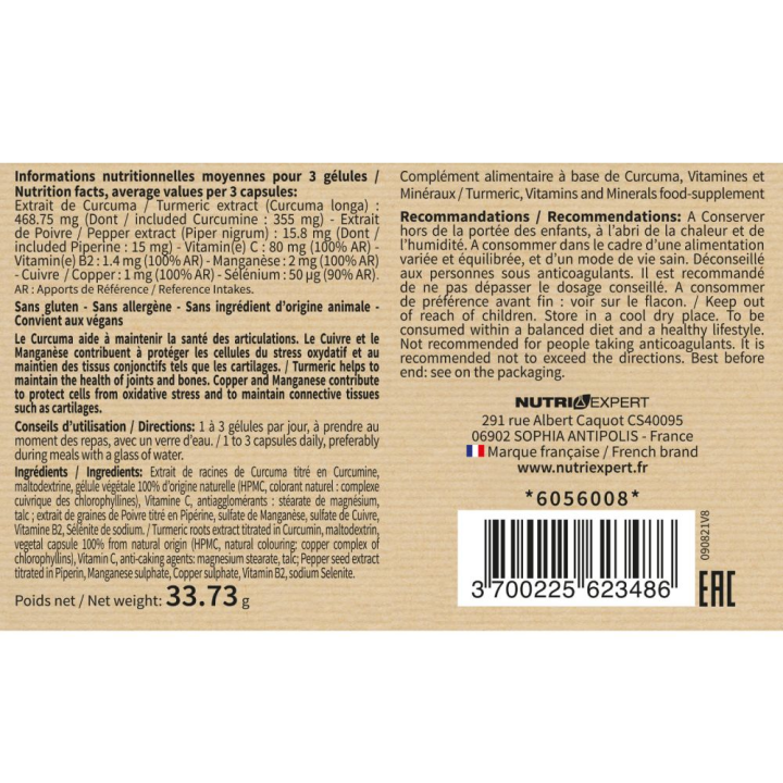 Curcuma - Puissantes propriétés antioxydantes - 90 gélules végétales
