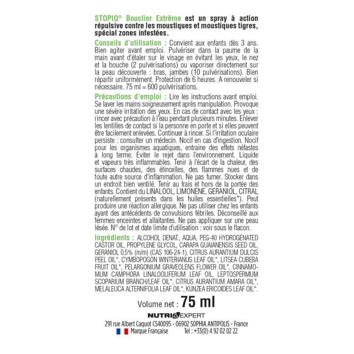 STOPIQ Bouclier Extrême -  - Spray répulsif insectes - Spray de 75 ml
