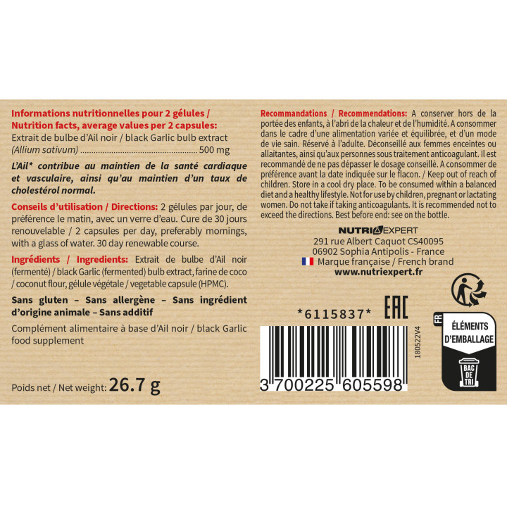 Ail noir fermenté Nutriexpert: Maintien d’une cholestérolémie normale