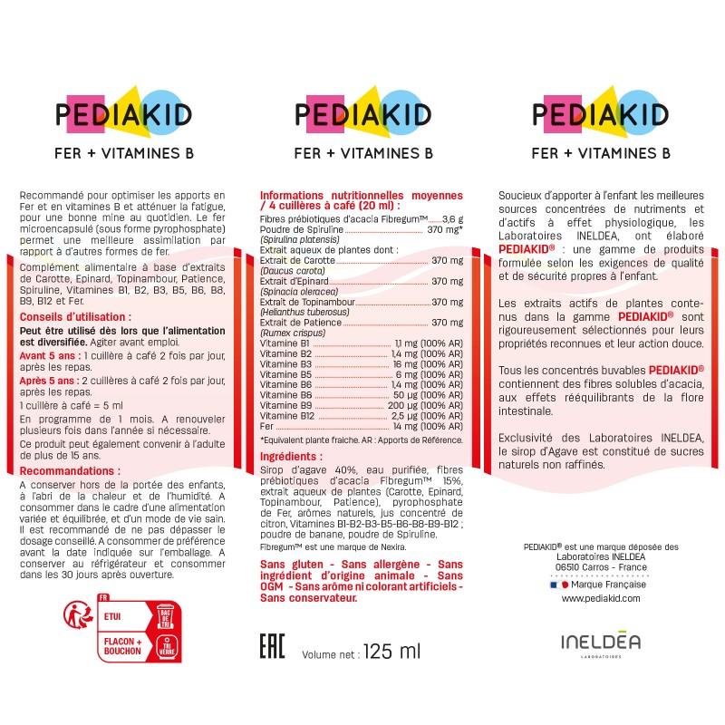 Eisen + B-Vitamine - PEDIAKID - Flascheninhalt : 125 ml Eisen + B-Vitamine - PEDIAKID - Flascheninhalt : 125 ml