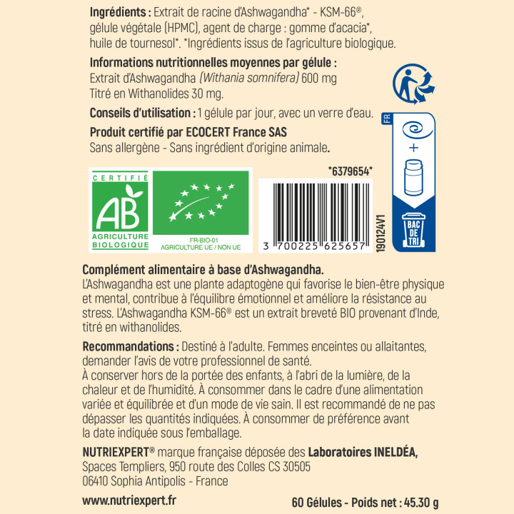ASHWAGANDHA BIO KSM-66® 5% de Withanolides