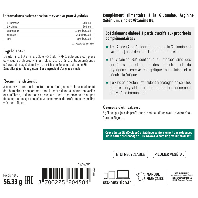 GLUTAMINE 1200 - Récupération physique et Immunité - Vegan - Cure 30j GLUTAMINE 1200 - Récupération physique et Immunité - Vegan - Cure 30j