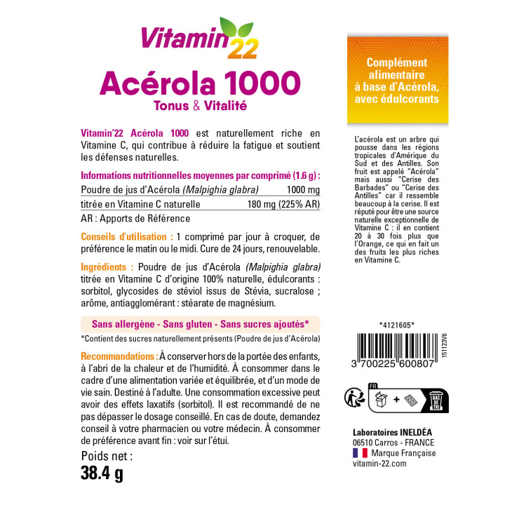 Acerola 1000 Ineldea - Vitamine C naturelle - Réduit la fatigue