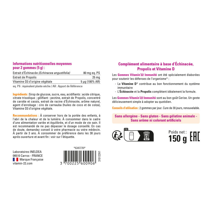 Gommes Immunités - Délicieux goût cerise - Pilulier 60 gommes