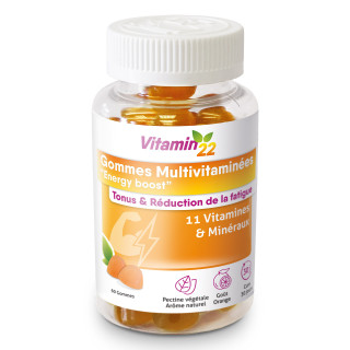 Gommes Multivitaminées "Energy Boost" - Délicieux goût orange - Pilulier 60 gommes Gommes Multivitaminées "Energy Boost" - Délicieux goût orange - Pilulier 60 gommes