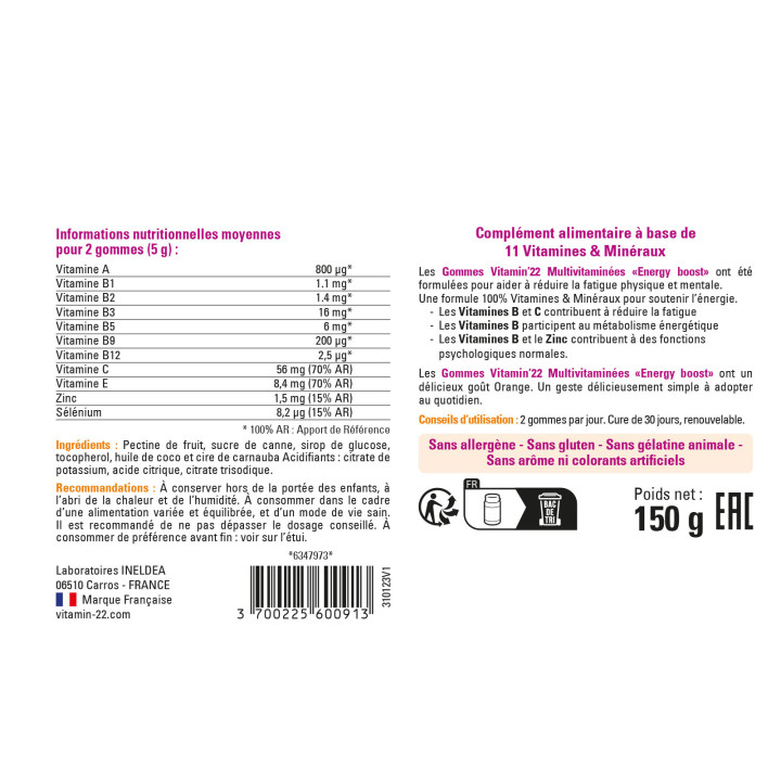 Gommes Multivitaminées "Energy Boost" - Délicieux goût orange - Pilulier 60 gommes
