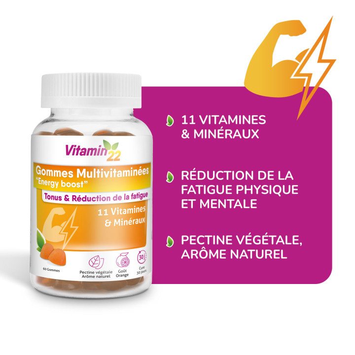 Gommes Multivitaminées "Energy Boost" - Délicieux goût orange - Pilulier 60 gommes