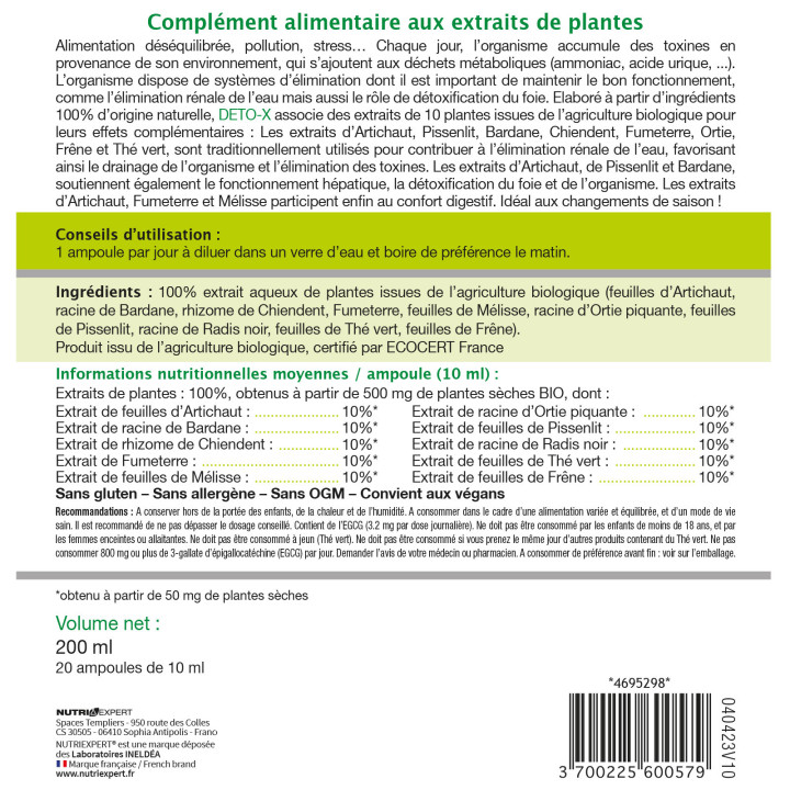 Deto-X Bio - Drainage et élimination des toxines - 20 ampoules 10 ml