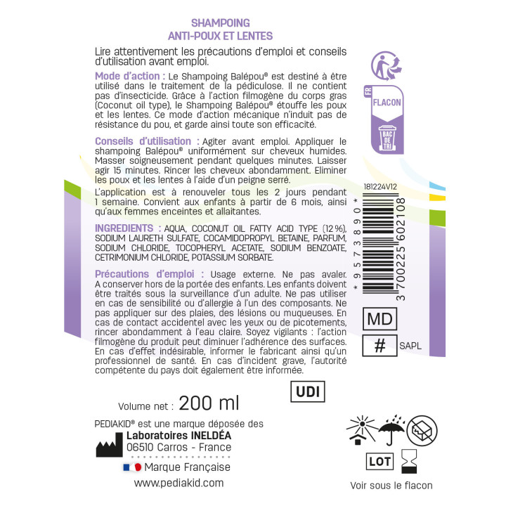 Pediakid Balépou Shampoing - Shampoing anti-poux et lentes - 200 ml