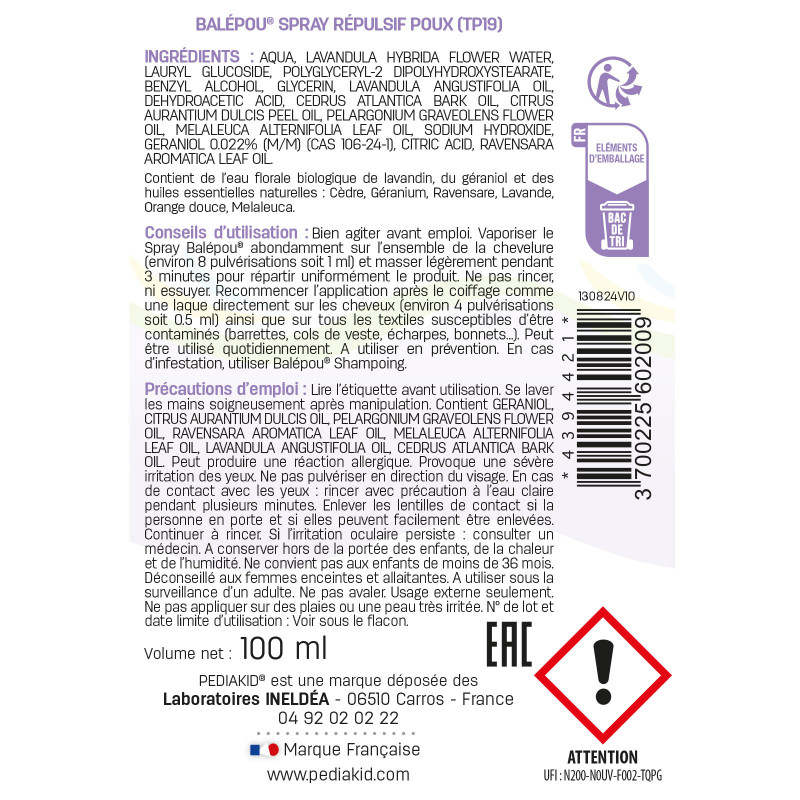 Pediakid Balépou Spray - Repousse les poux - Dès 3 ans - Spray 100ml Pediakid Balépou Spray - Repousse les poux - Dès 3 ans - Spray 100ml
