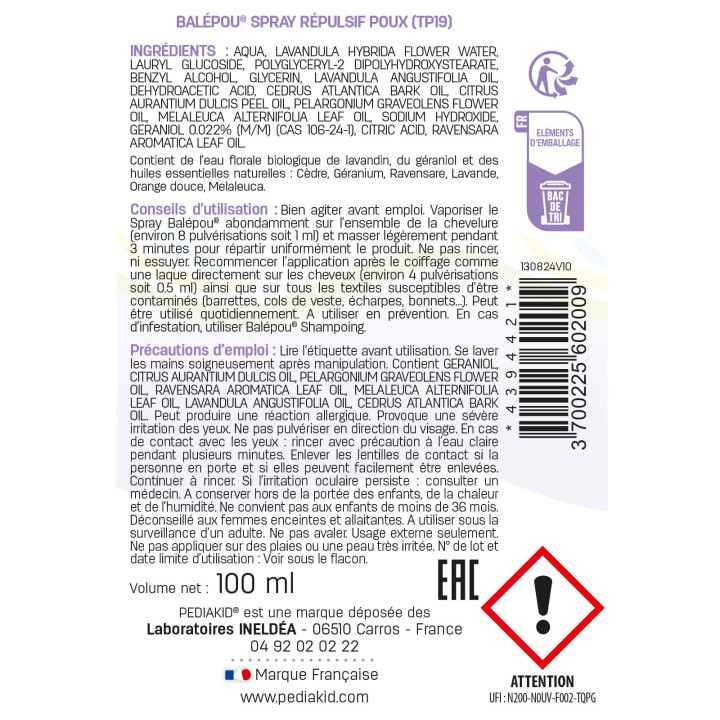Pediakid Balépou Spray - Repousse les poux - Dès 3 ans - Spray 100ml