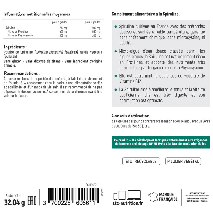 Spiruline 1500 STC Nutrition - Cultivée en France - Vegan - 90 gélules
