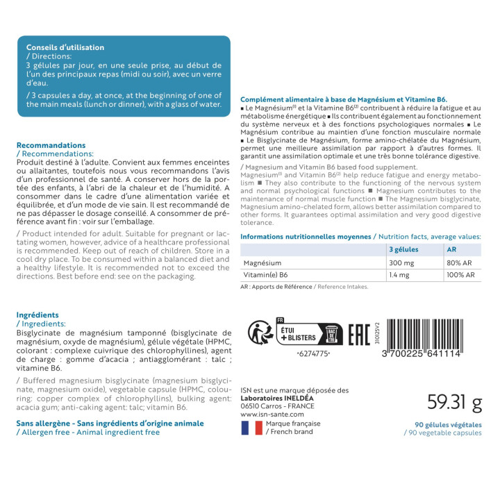 Magnefor - Magnésium Bisglycinate + Vitamine B6 - 90 gélules