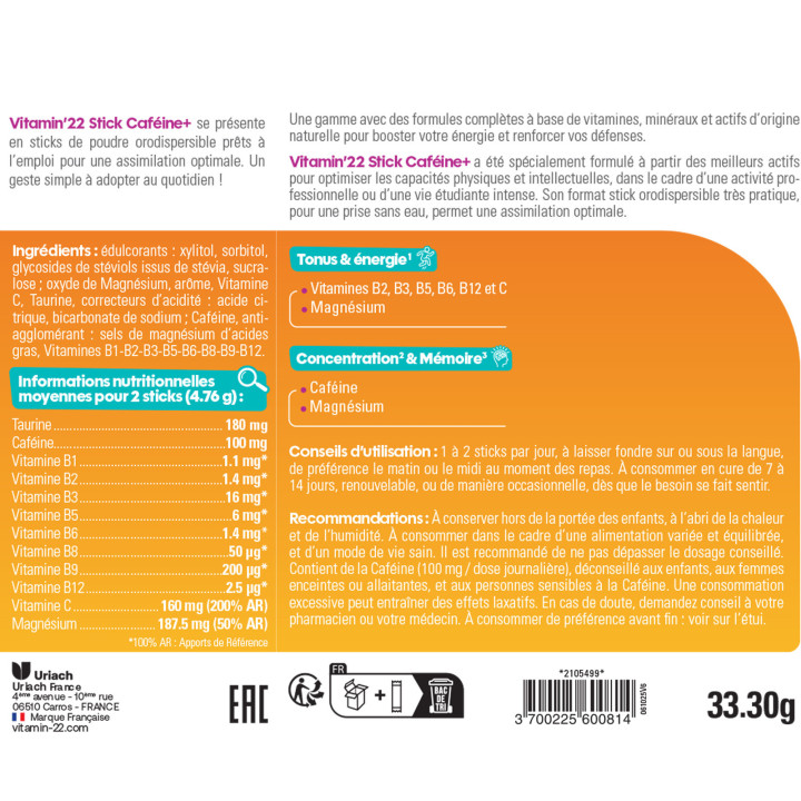 Vitamin'22 Caféine+ - Énergie & Vitalité quotidienne - 14 sticks