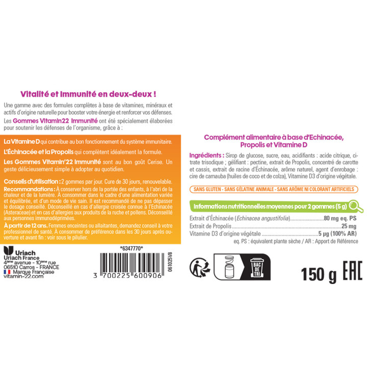 Gommes Immunités - Délicieux goût cerise - Pilulier 60 gommes