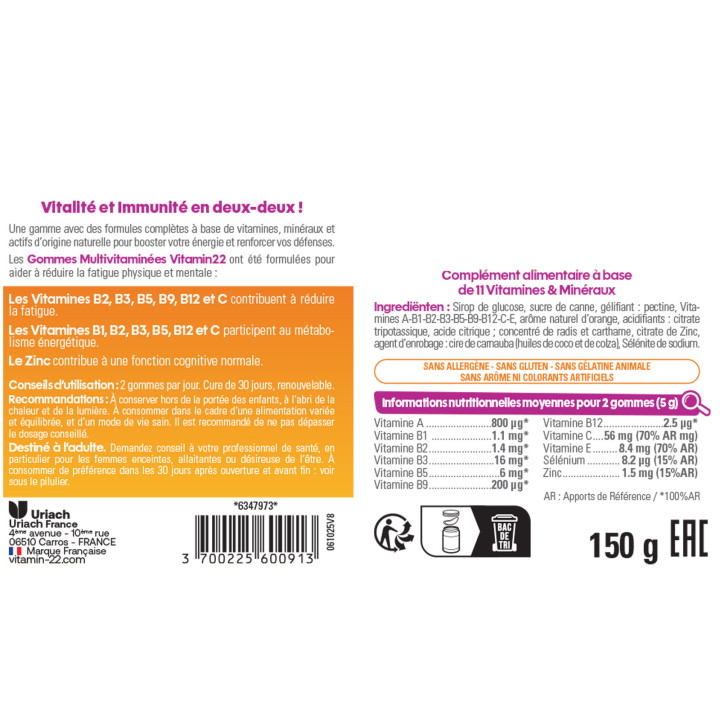 Gommes Multivitaminées "Energy Boost" - Délicieux goût orange - Pilulier 60 gommes