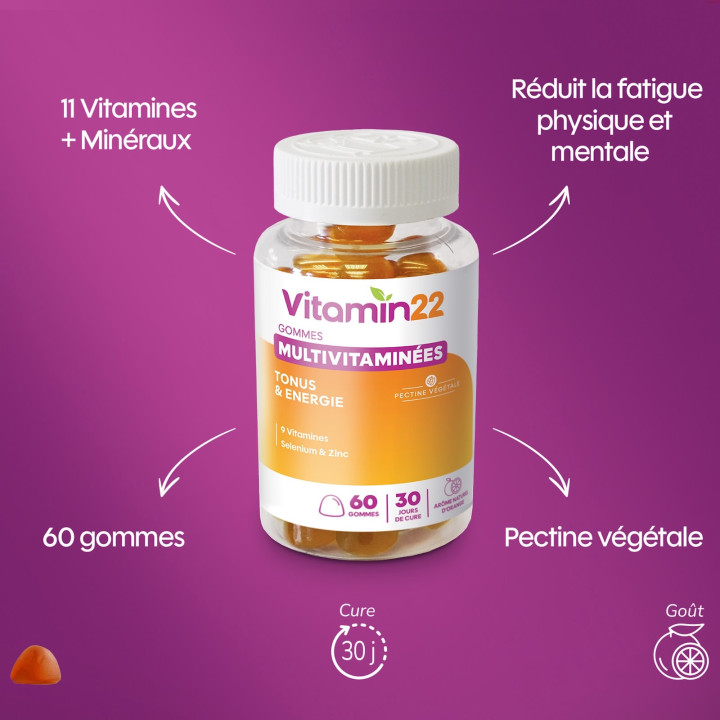 Gommes Multivitaminées "Energy Boost" - Délicieux goût orange - Pilulier 60 gommes