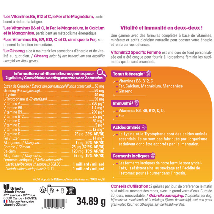 Vitamin'22 Specific Femme - Cure Vitamines pour Femme - 60 gélules