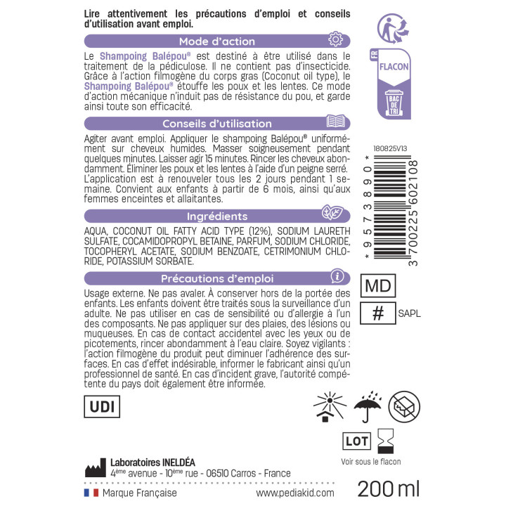 Pediakid Balépou Shampoing - Shampoing anti-poux et lentes - 200 ml