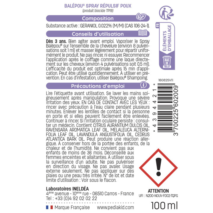 Pediakid Balépou Spray - Repousse les poux - Dès 3 ans - Spray 100ml
