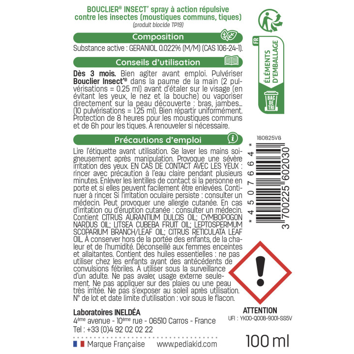 Pediakid Bouclier Insect - Protection anti-moustiques 8 heures - 100ml