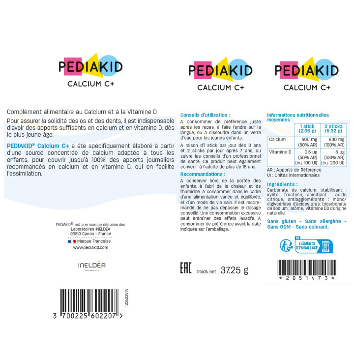 Pediakid Calcium C+ - Santé des os et des dents - 14 sticks Goût Cola