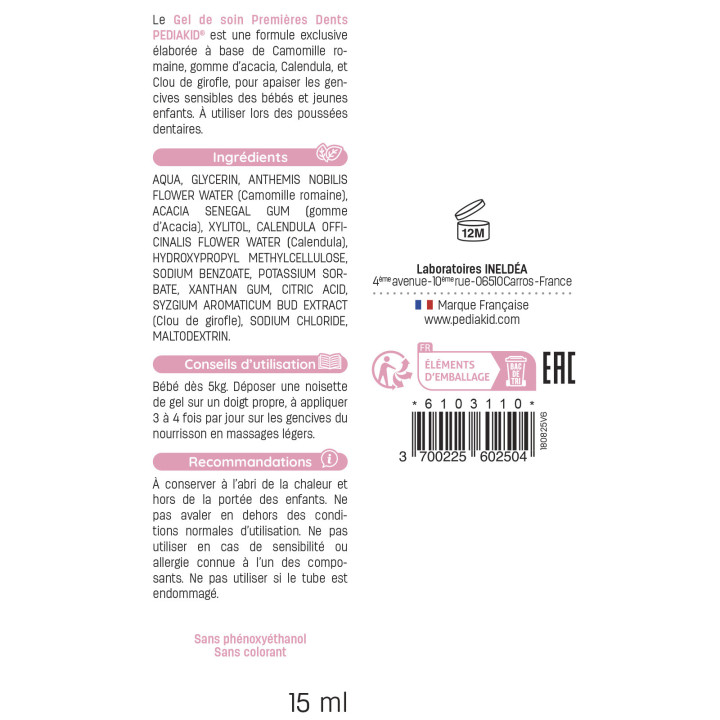 PEDIAKID® Gel de soin Premières Dents - Gel pour les dents bébé - 100% origine naturelle