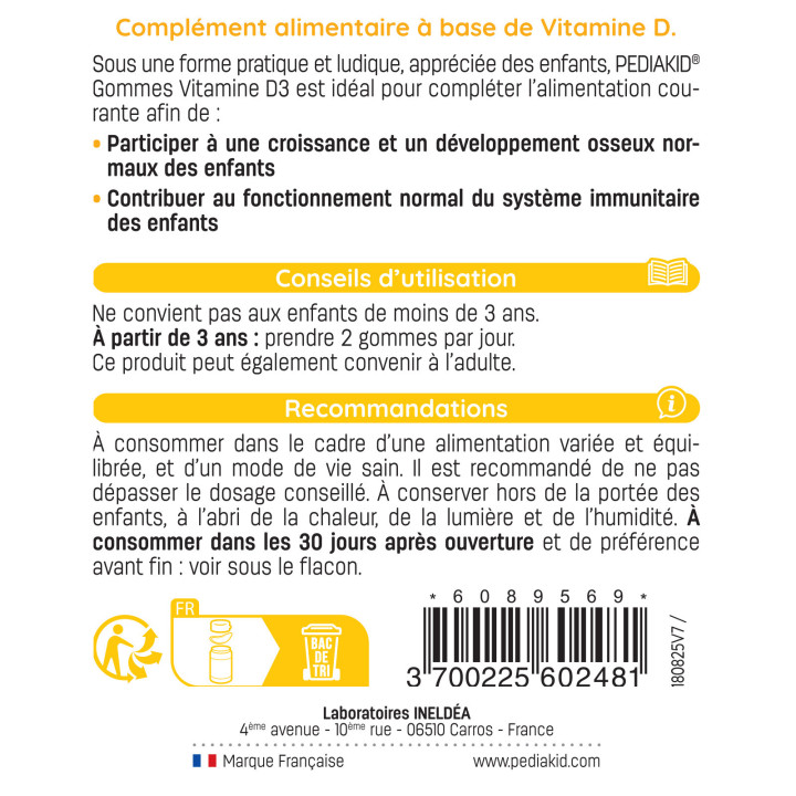 PEDIAKID® Gommes Vitamine D3 - Croissance et résistance - 60 oursons