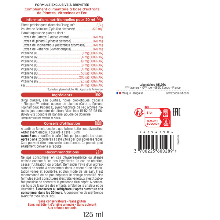 Pediakid Fer + Vitamines B - Réduit la fatigue - 125ml - Dès 4 mois