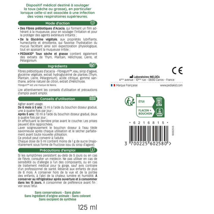 PEDIAKID® Toux Sèche & Grasse sirop 125ml : Calme la toux